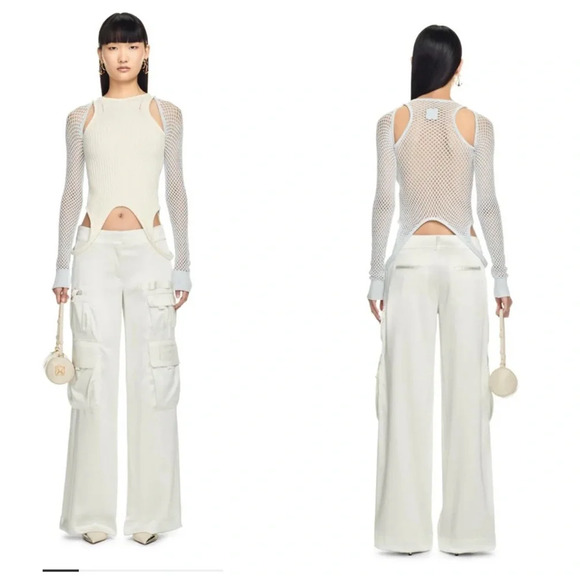 Off-White Satin Toybox Wide Leg Cargo Pants Coconut Milk Sz 38 NEW